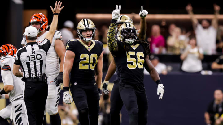 Oct 16, 2022; New Orleans, Louisiana, USA; New Orleans Saints linebacker Demario Davis (56) reacts after sacking Cincinnati Bengals quarterback Joe Burrow during the second half at Caesars Superdome. Mandatory Credit: Stephen Lew-USA TODAY Sports Oct 16, 2022; New Orleans, Louisiana, USA; New Orleans Saints linebacker Demario Davis (56) reacts after sacking Cincinnati Bengals quarterback Joe Burrow during the second half at Caesars Superdome. Mandatory Credit: Stephen Lew-USA TODAY Sports