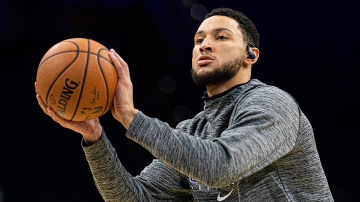 Nov 20, 2019; Philadelphia, PA, USA; Philadelphia 76ers guard Ben Simmons warms up before a game against the New York Knicks at Wells Fargo Center. Mandatory Credit: Bill Streicher-Imagn Images Nov 20, 2019; Philadelphia, PA, USA; Philadelphia 76ers guard Ben Simmons warms up before a game against the New York Knicks at Wells Fargo Center. Mandatory Credit: Bill Streicher-Imagn Images