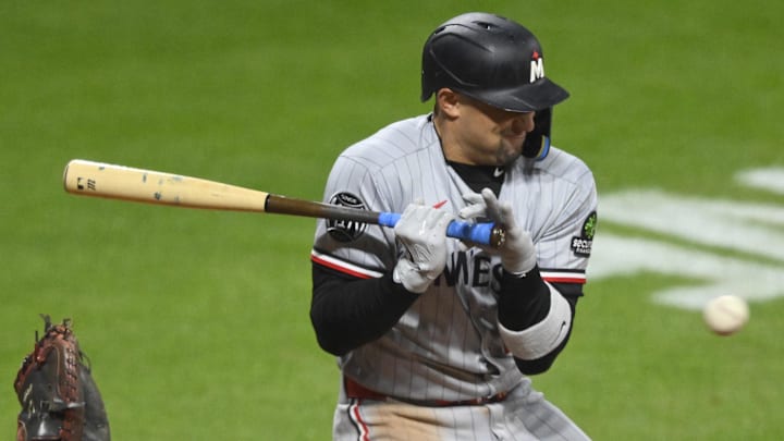 May 9, 2026; Cleveland, Ohio, USA; Minnesota Twins third baseman Royce Lewis (23) reacts to an inside pitch in the eighth inning against the Cleveland Guardians at Progressive Field. Mandatory Credit: David Richard-Imagn Images