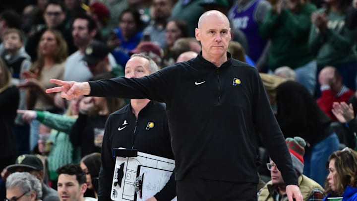 Dec 13, 2023; Milwaukee, Wisconsin, USA; Indiana Pacers head coach Rick Carlisle calls a play in the fourth quarter against the Milwaukee Bucks at Fiserv Forum. Mandatory Credit: Benny Sieu-USA TODAY Sports