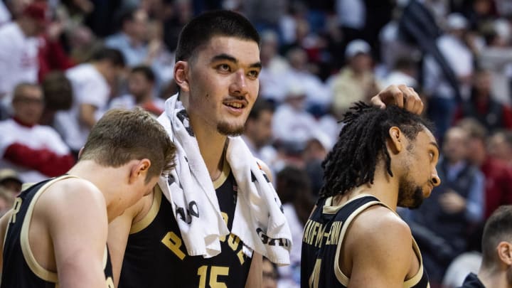 Purdue center Zach Edey (15) celebrates the win over Indiana