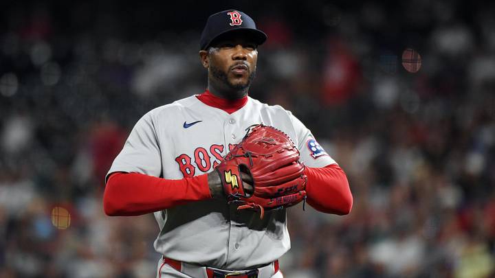 Jun 22, 2026; Denver, Colorado, USA; Boston Red Sox pitcher Aroldis Chapman (44) after allowing a hit in the ninth inning against the Colorado Rockies at Coors Field. Mandatory Credit: Christopher Hanewinckel-Imagn Images