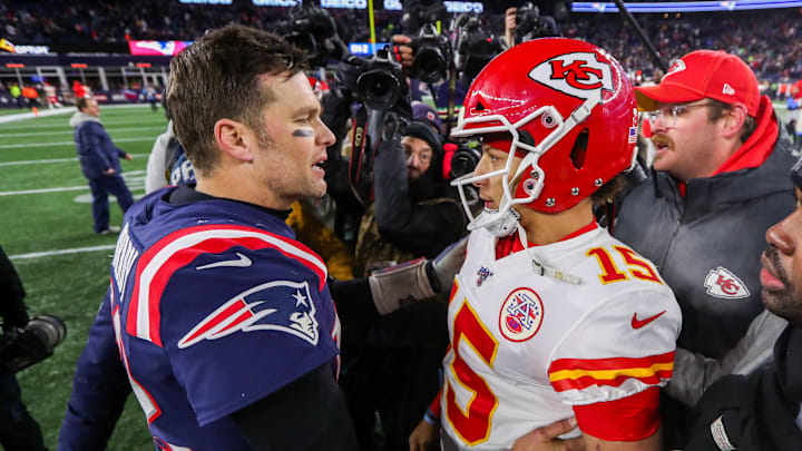 New England Patriots quarterback Tom Brady (12) and Kansas City Chiefs quarterback Patrick Mahomes (15) after the game at Gillette Stadium.