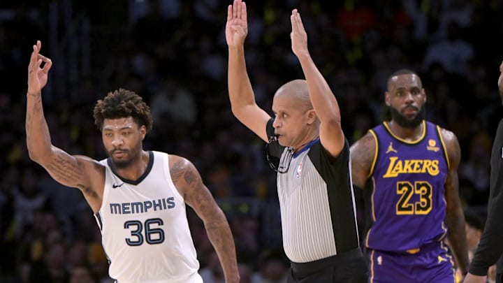 Jan 5, 2024; Los Angeles, California, USA; Memphis Grizzlies guard Marcus Smart (36) heads down court after a 3-point basket in the first half against the Los Angeles Lakers at Crypto.com Arena. Mandatory Credit: Jayne Kamin-Oncea-Imagn Images Jan 5, 2024; Los Angeles, California, USA; Memphis Grizzlies guard Marcus Smart (36) heads down court after a 3-point basket in the first half against the Los Angeles Lakers at Crypto.com Arena. Mandatory Credit: Jayne Kamin-Oncea-Imagn Images