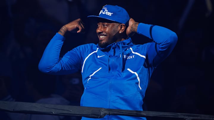 Oct 11, 2025; Lexington, KY, USA; Former Kentucky Wildcat and NBA player John Wall is introduced to the crowd during Big Blue Madness at Rupp Arena at Central Bank Center. Mandatory Credit: Jordan Prather-Imagn Images