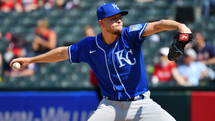 Kansas City Royals reliever Jesse Hahn throws against the Cleveland Indians on April 7, 2021, at Progressive Field. Kansas City Royals reliever Jesse Hahn throws against the Cleveland Indians on April 7, 2021, at Progressive Field.