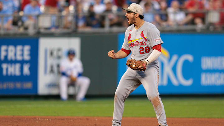 May 17, 2025; Kansas City, Missouri, USA; St. Louis Cardinals third base Nolan Arenado (28) reacts after a play during the eighth inning against the Kansas City Royals at Kauffman Stadium. Mandatory Credit: William Purnell-Imagn Images