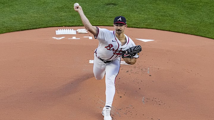 Apr 5, 2024; Cumberland, Georgia, USA; Atlanta Braves pitcher Spencer Strider (99) pitches against the Arizona Diamondbacks during the first inning at Truist Park.