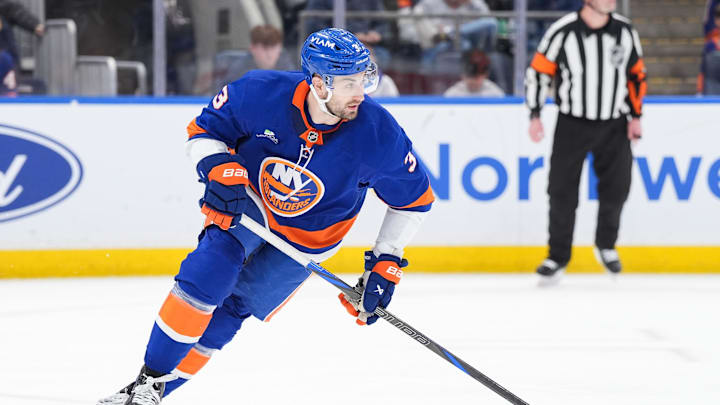 Apr 3, 2026; Elmont, New York, USA;  New York Islanders defenseman Adam Pelech during the third period against the Philadelpia Flyers at UBS Arena. Mandatory Credit: Alexander Wohl-Imagn Images