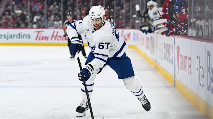 Jan 18, 2025; Montreal, Quebec, CAN; Toronto Maple Leafs left wing Max Pacioretty (67) plays the puck against the Montreal Canadiens during the first period at Bell Centre. Mandatory Credit: David Kirouac-Imagn Images