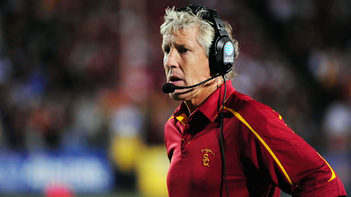 October 3, 2009; Berkeley, CA, USA; USC Trojans head coach Pete Carroll watches from the bench during the third quarter against the California Golden Bears at Memorial Stadium. The Trojans defeated the Golden Bears 30-3. Mandatory Credit: Kyle Terada-Imagn Images