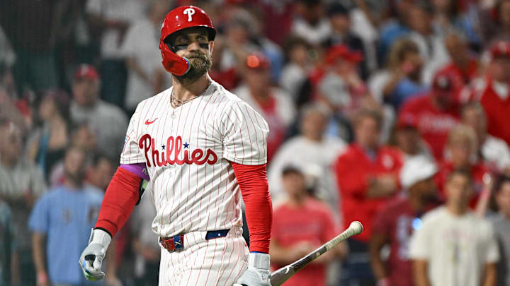 Oct 6, 2025; Philadelphia, Pennsylvania, USA; Philadelphia Phillies first baseman Bryce Harper (3) reacts to striking out against the Los Angeles Dodgers in the sixth inning during game two of the NLDS round for the 2025 MLB playoffs at Citizens Bank Park.