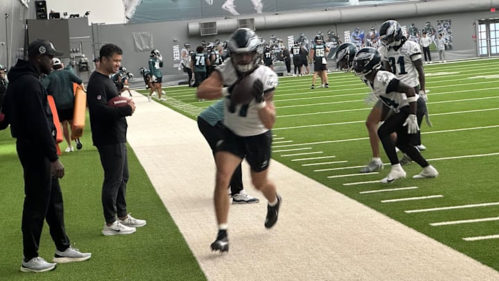 Eagles safeties coach Joe Kasper looks on at UDFA rookie Maxen Hook. Eagles safeties coach Joe Kasper looks on at UDFA rookie Maxen Hook.