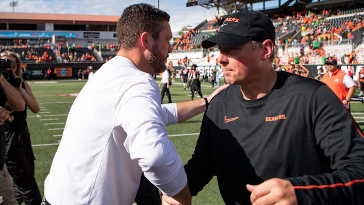 Oregon head coach Dan Lanning shakes hands with Oregon State head coach Trent Bray after the game as the Oregon State Beavers host the Oregon Ducks Saturday, Sept. 14, 2024 at Reser Stadium in Corvallis, Ore.