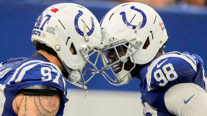 Indianapolis Colts defensive end Laiatu Latu (97) and Indianapolis Colts defensive end Arden Key (98) celebrate after recovering a fumble Sunday, Sept. 13, 2026, during a game against the Baltimore Ravens at Lucas Oil Stadium in Indianapolis. Indianapolis Colts defensive end Laiatu Latu (97) and Indianapolis Colts defensive end Arden Key (98) celebrate after recovering a fumble Sunday, Sept. 13, 2026, during a game against the Baltimore Ravens at Lucas Oil Stadium in Indianapolis.