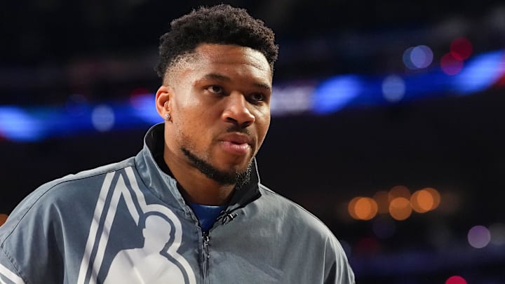 Feb 15, 2026; Inglewood, California, USA; Team World forward Giannis Antetokounmpo (34) of the Milwaukee Bucks looks on during the 75th NBA All Star Game at Intuit Dome.