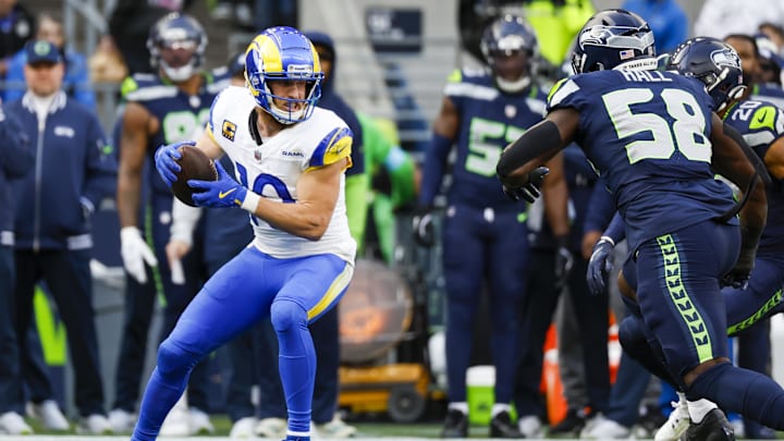 Nov 3, 2024; Seattle, Washington, USA; Los Angeles Rams wide receiver Cooper Kupp (10) catches a pass against the Seattle Seahawks during the first quarter at Lumen Field. Mandatory Credit: Joe Nicholson-Imagn Images