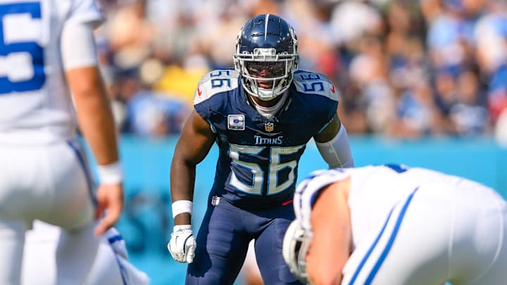 Oct 13, 2024; Nashville, Tennessee, USA; Tennessee Titans linebacker Kenneth Murray Jr. (56) against the Indianapolis Colts during the second half at Nissan Stadium. Mandatory Credit: Steve Roberts-Imagn Images Oct 13, 2024; Nashville, Tennessee, USA; Tennessee Titans linebacker Kenneth Murray Jr. (56) against the Indianapolis Colts during the second half at Nissan Stadium. Mandatory Credit: Steve Roberts-Imagn Images