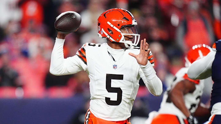 Dec 2, 2024; Denver, Colorado, USA; Cleveland Browns quarterback Jameis Winston (5) passes the ball in the first quarter against the Denver Broncos at Empower Field at Mile High.
