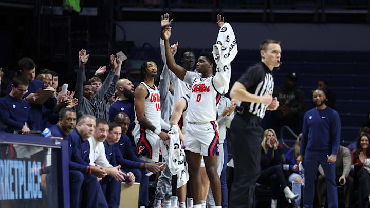 The Ole Miss bench celebrates during its win over Southern on Dec. 17.