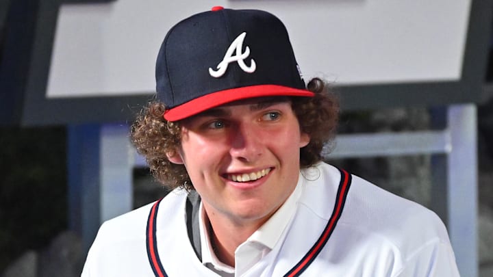 Jul 17, 2022; Los Angeles, CA, USA;  JR Ritchie wears his jersey after he was selected by the Atlanta Braves as the 35th pick of the MLB draft at XBox Plaza at LA Live. Mandatory Credit: Jayne Kamin-Oncea-Imagn Images