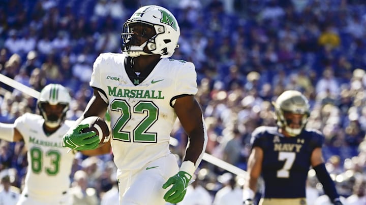 Sep 4, 2021; Annapolis, Maryland, USA;  Marshall Thundering Herd running back Rasheen Ali (22) reacts after scoring a first half touchdown against the Navy Midshipmen at Navy-Marine Corps Memorial Stadium. Mandatory Credit: Tommy Gilligan-Imagn Images