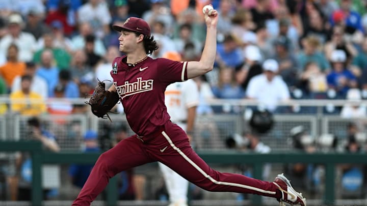 Jun 14, 2024; Omaha, NE, USA;  Florida State Seminoles starting pitcher Jamie Arnold (16) throws against the Tennessee Volunteers during the sixth inning at Charles Schwab Filed Omaha. Mandatory Credit: Steven Branscombe-Imagn Images