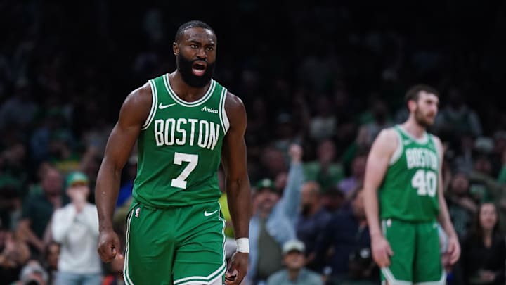 May 7, 2025; Boston, Massachusetts, USA; Boston Celtics guard Jaylen Brown (7) react after a play against the New York Knicks in the second quarter during game two of the second round for the 2025 NBA Playoffs at TD Garden. Mandatory Credit: David Butler II-Imagn Images