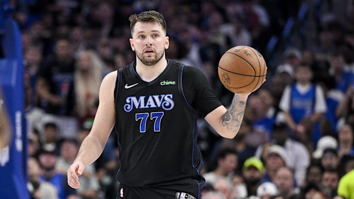 May 3, 2024; Dallas, Texas, USA; Dallas Mavericks guard Luka Doncic (77) brings the ball up court