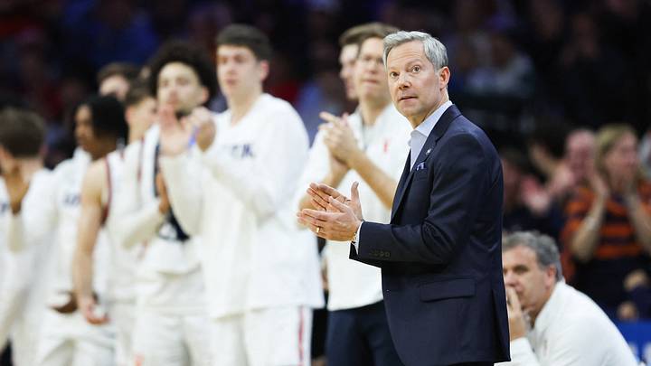Mar 20, 2026; Philadelphia, PA, USA; Virginia Cavaliers head coach Ryan Odom looks on during the second half against the Wright State Raiders during a first round game of the men's 2026 NCAA Tournament at Xfinity Mobile Arena. Mandatory Credit: Bill Streicher-Imagn Images