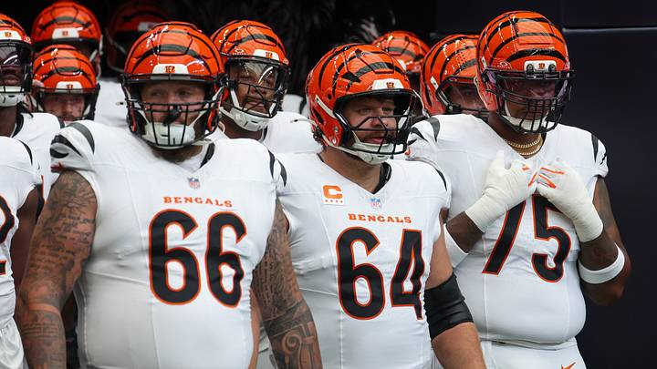 Sep 20, 2026; Houston, Texas, USA; Cincinnati Bengals guard Dalton Risner (66) center Ted Karras (64) offensive tackle Orlando Brown Jr. (75) wait to run out on the filed before playing agains the Houston Texans at Reliant Stadium. Mandatory Credit: Thomas Shea-Imagn Images