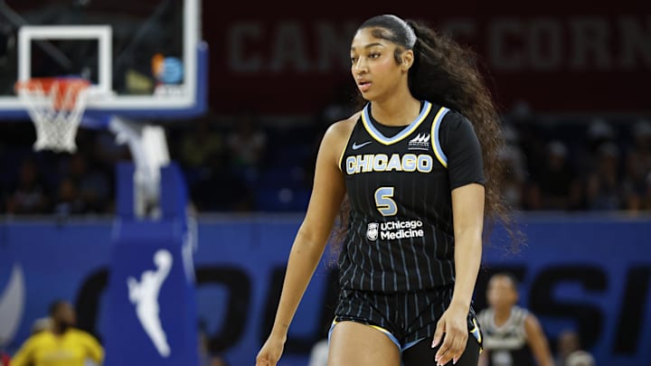 Aug 25, 2024; Chicago, Illinois, USA; Chicago Sky forward Angel Reese (5) walks on the court during the first half at Wintrust Arena. Mandatory Credit: Kamil Krzaczynski-Imagn Images