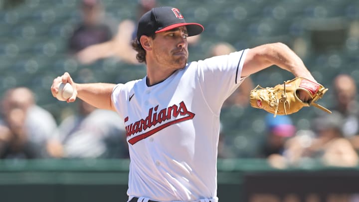 Jul 12, 2022; Cleveland, Ohio, USA; Cleveland Guardians starting pitcher Shane Bieber (57) throws a pitch during the first inning against the Chicago White Sox at Progressive Field. Mandatory Credit: Ken Blaze-Imagn Images