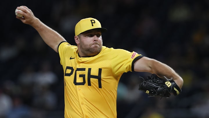 Aug 23, 2024; Pittsburgh, Pennsylvania, USA;  Pittsburgh Pirates relief pitcher David Bednar (51) pitches against the Cincinnati Reds during the ninth inning at PNC Park. Pittsburgh won 6-5. Mandatory Credit: Charles LeClaire-Imagn Images