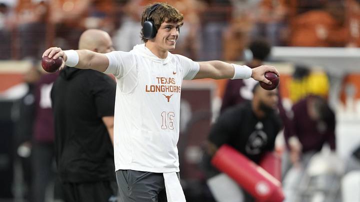 Nov 28, 2025; Austin, Texas, USA; Texas Longhorns quarterback Arch Manning warms up before a game against the Texas A&M Aggies at Darrell K Royal-Texas Memorial Stadium. Mandatory Credit: Scott Wachter-Imagn Images