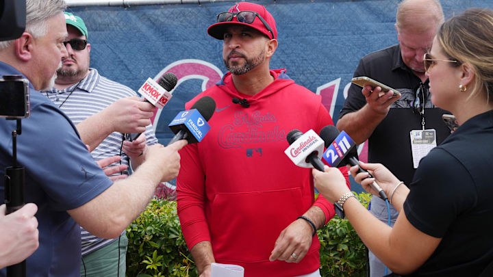 Feb 12, 2025; Jupiter, FL, USA;  St. Louis Cardinals manager Oliver Marmol takes questions from the media on the day pitchers and catchers report to Spring Training. Mandatory Credit: Jim Rassol-Imagn Images