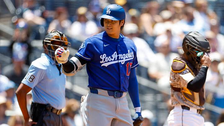Jun 28, 2026; San Diego, California, USA; Los Angeles Dodgers designated hitter Shohei Ohtani (17) points towards the San Diego Padres dugout during the first inning at Petco Park. Mandatory Credit: David Frerker-Imagn Images Jun 28, 2026; San Diego, California, USA; Los Angeles Dodgers designated hitter Shohei Ohtani (17) points towards the San Diego Padres dugout during the first inning at Petco Park. Mandatory Credit: David Frerker-Imagn Images