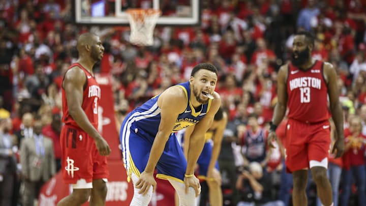 Golden State Warriors guard Stephen Curry (30) and Houston Rockets guard James Harden (13) during the 2019 NBA Playoffs at Toyota Center. 