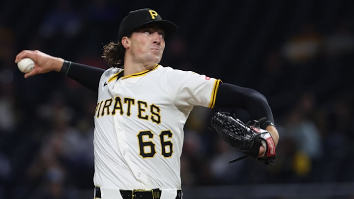 Sep 6, 2025; Pittsburgh, Pennsylvania, USA;  Pittsburgh Pirates relief pitcher Kyle Nicholas (66) pitches against the Milwaukee Brewers during the sixth inning at PNC Park. Mandatory Credit: Charles LeClaire-Imagn Images