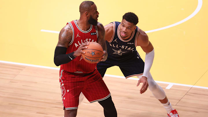 Feb 18, 2024; Indianapolis, Indiana, USA; Eastern Conference forward Giannis Antetokounmpo (34) of the Milwaukee Bucks defends Western Conference forward LeBron James (23) of the Los Angeles Lakers during the first quarter in the 73rd NBA All Star game at Gainbridge Fieldhouse. Mandatory Credit: Trevor Ruszkowski-Imagn Images Feb 18, 2024; Indianapolis, Indiana, USA; Eastern Conference forward Giannis Antetokounmpo (34) of the Milwaukee Bucks defends Western Conference forward LeBron James (23) of the Los Angeles Lakers during the first quarter in the 73rd NBA All Star game at Gainbridge Fieldhouse. Mandatory Credit: Trevor Ruszkowski-Imagn Images