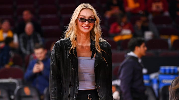 Los Angeles Sparks forward Cameron Brink looks on before the women's college basketball game between the Notre Dame Fighting Irish and the USC Trojans.