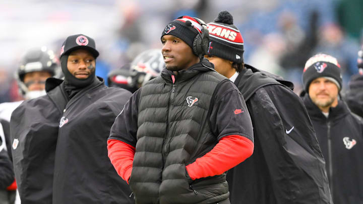 Jan 5, 2025; Nashville, Tennessee, USA;  Houston Texans head coach DeMeco Ryans watches from the sideline against the Tennessee Titans during the second half at Nissan Stadium. Mandatory Credit: Steve Roberts-Imagn Images