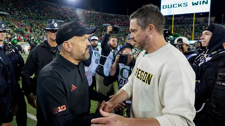 Nebraska coach Matt Rhule shakes hands with Oregon coach Dan Lanning after Ducks' 20-17 win at Autzen Stadium. Nebraska coach Matt Rhule shakes hands with Oregon coach Dan Lanning after Ducks' 20-17 win at Autzen Stadium.