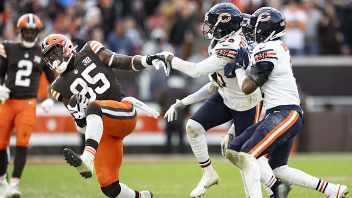 Cleveland's David Njoku is pushed out of bounds by Bears cornerback Tyrique Stevenson in the teams' last meeting in 2023. Cleveland's David Njoku is pushed out of bounds by Bears cornerback Tyrique Stevenson in the teams' last meeting in 2023.