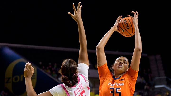 Illinois center Lety Vasconcelos, right, rebounds over Oregon forward Ehis Etute as the Oregon Ducks host the Illinois Fighting Illini on Feb. 4, 2026, at Matthew Knight Arena in Eugene, Oregon. Illinois center Lety Vasconcelos, right, rebounds over Oregon forward Ehis Etute as the Oregon Ducks host the Illinois Fighting Illini on Feb. 4, 2026, at Matthew Knight Arena in Eugene, Oregon.