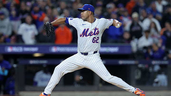 Oct 17, 2024; New York City, New York, USA; New York Mets pitcher Jose Quintana (62) throws a pitch against the Los Angeles Dodgers in the first inning during game four of the NLCS for the 2024 MLB playoffs at Citi Field. 