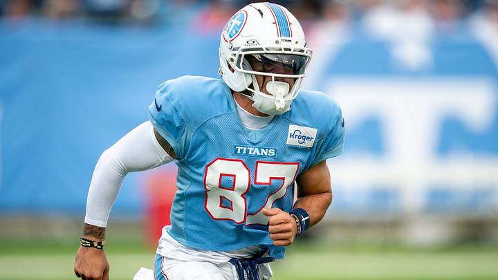 Tennessee Titans wide receiver Xavier Restrepo (87) runs drills during the Blue and White Stadium Scrimmage at Nissan Stadium in Nashville, Tenn., Friday, Aug. 7, 2026. Tennessee Titans wide receiver Xavier Restrepo (87) runs drills during the Blue and White Stadium Scrimmage at Nissan Stadium in Nashville, Tenn., Friday, Aug. 7, 2026.