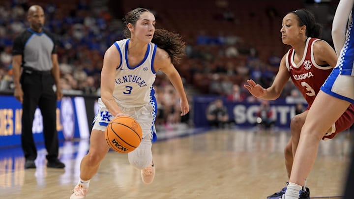 Mar 7, 2025; Greenville, SC, USA; Kentucky Wildcats guard Georgia Amoore (3) goes to the basket against the Oklahoma Sooners during the second half at Bon Secours Wellness Arena. Mandatory Credit: Jim Dedmon-Imagn Images