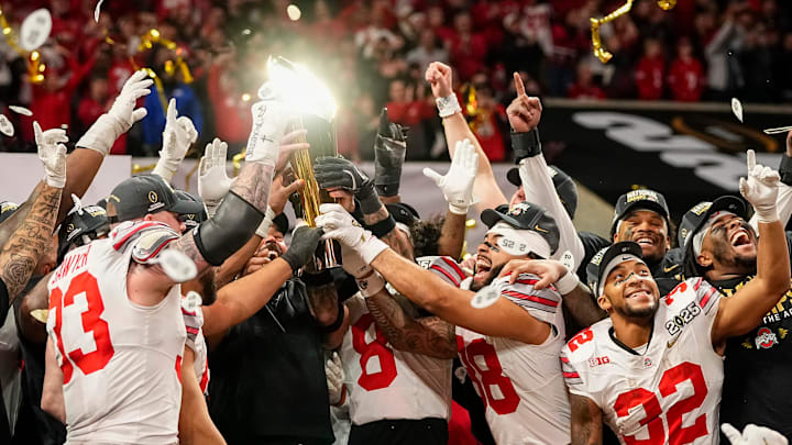 Ohio State Buckeyes celebrate their 34-23 win over Notre Dame Fighting Irish to win the College Football Playoff National Championship at Mercedes-Benz Stadium in Atlanta on January 20, 2025.