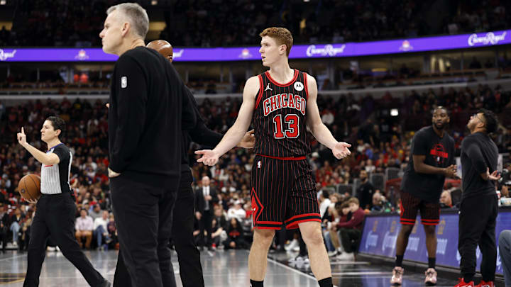Nov 21, 2025; Chicago, Illinois, USA; Chicago Bulls guard Kevin Huerter (13) reacts after being ejected from the game against the Miami Heat during the second half at United Center. Mandatory Credit: Kamil Krzaczynski-Imagn Images